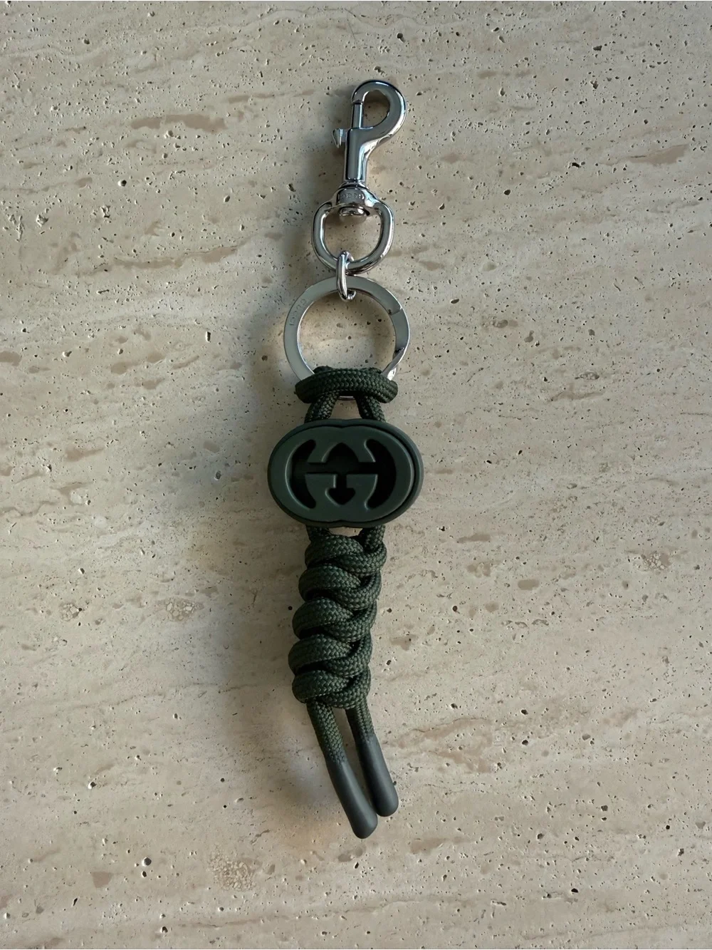 New Gucci Dark Green Knotted Rope Interlocking G Keychain Key Ring